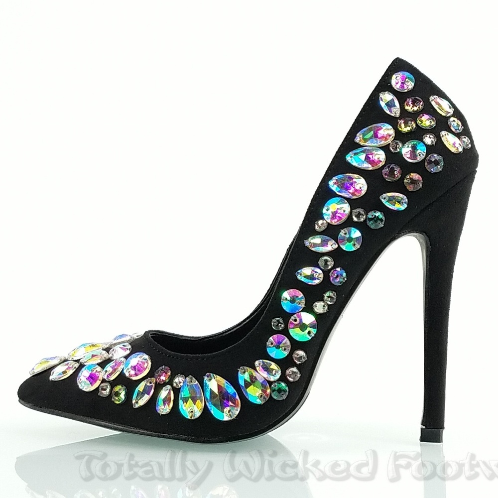 Big jewel 4.5" heel black pump fashion shoes Diva